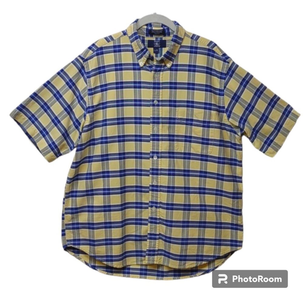 Men's Hunt Club Yellow Blue Plaid SS BD 100% Cotton Vintage Casual Shirt